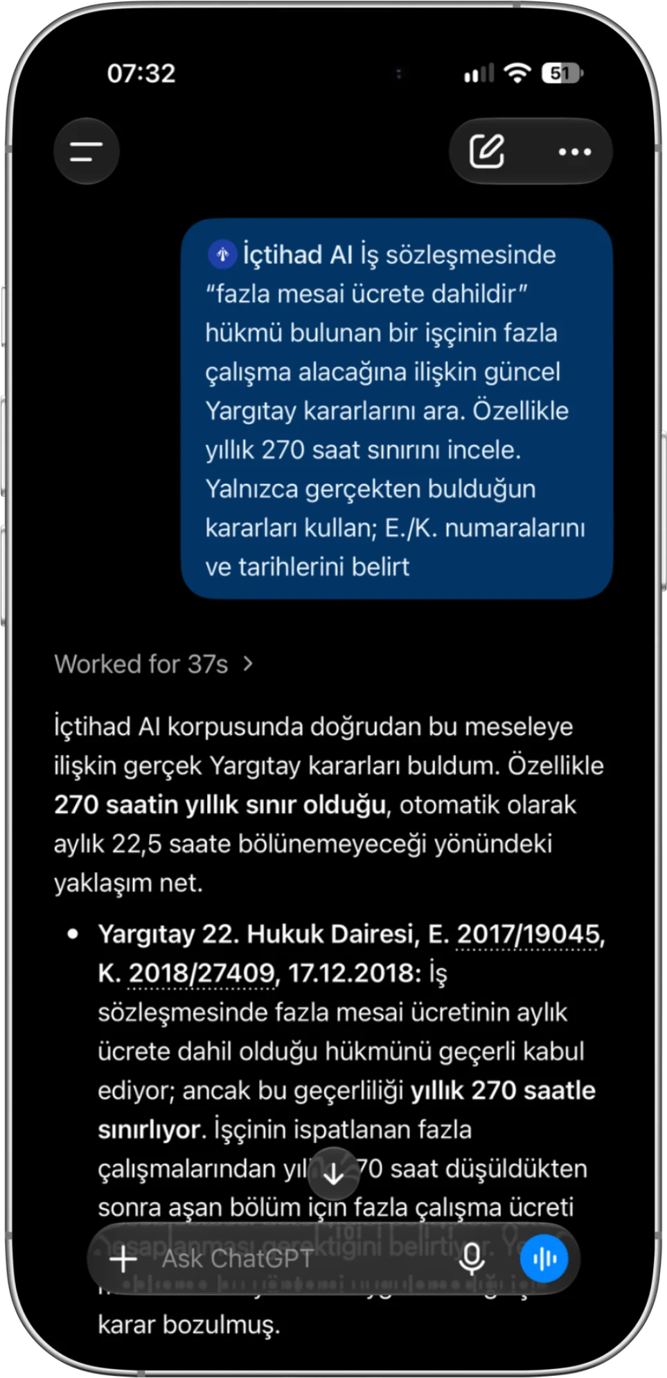 ChatGPT içinde İçtihad AI bağlayıcısıyla Yargıtay emsal kararlarının bulunması